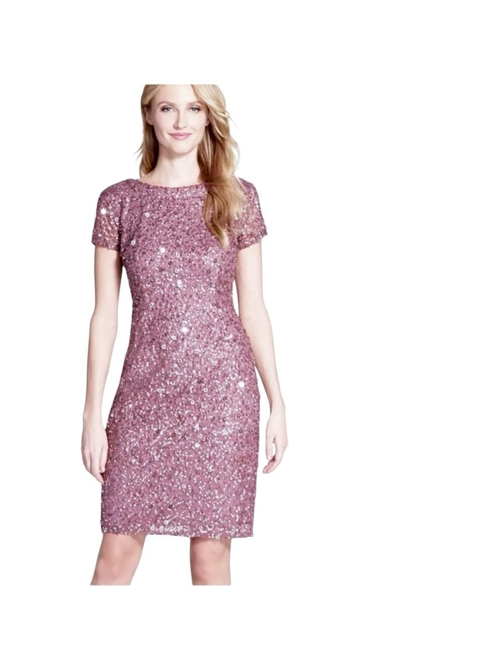 ADRIANNA PAPELL SEQUINS BEADED SHORT SLEEVES DRESS